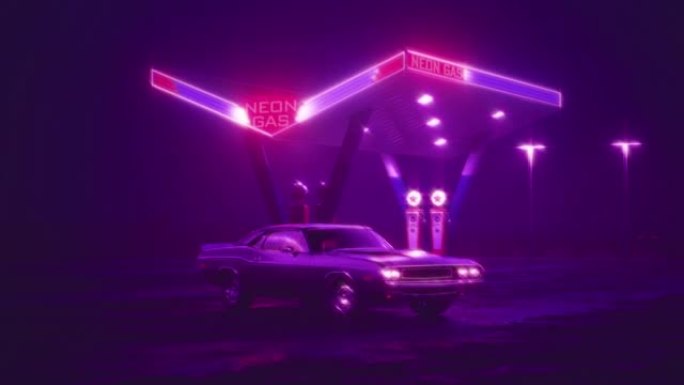 霓虹灯加油站和复古汽车。赛博朋克雾雨和夜。沥青上的颜色反射。3d插图。