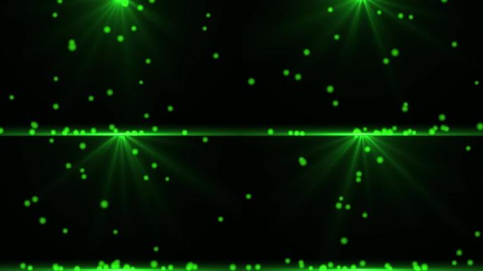 4k分辨率粒子反弹和铺开地板数字背景。弹跳和爆炸发光的绿色粒子。缓缓坠落落地，闪光灯背景