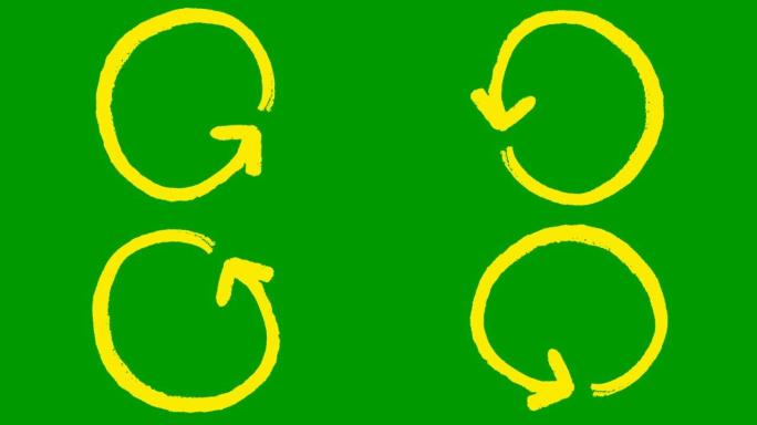 圆圈箭头的动画图标。黄色符号旋转。循环视频。手绘矢量插图孤立在绿色背景上。