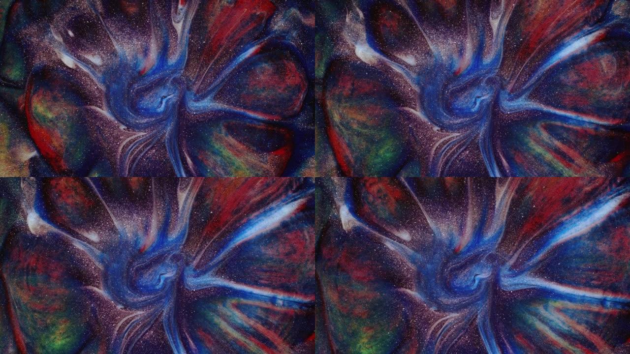 彩色抽象纹理的液体大理石，液体艺术。抽象蓝白红金漩涡暗背景视频设计。