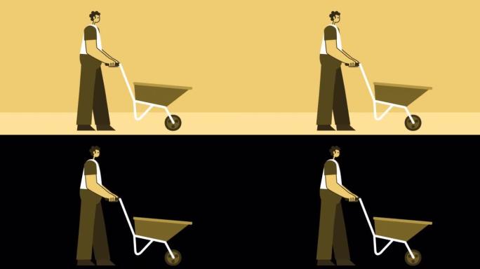 黄色风格的男人平性格推手手推车。具有Alpha matters的孤立循环动画