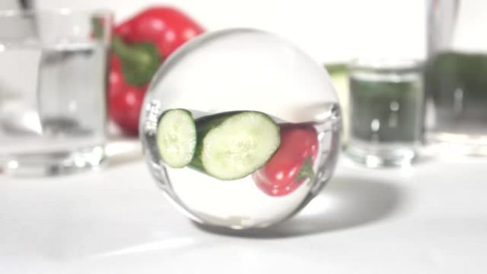 在白色背景食物上的绿色黄瓜和新鲜红辣椒的反射瑜伽健身，素食，生食，健康食品，