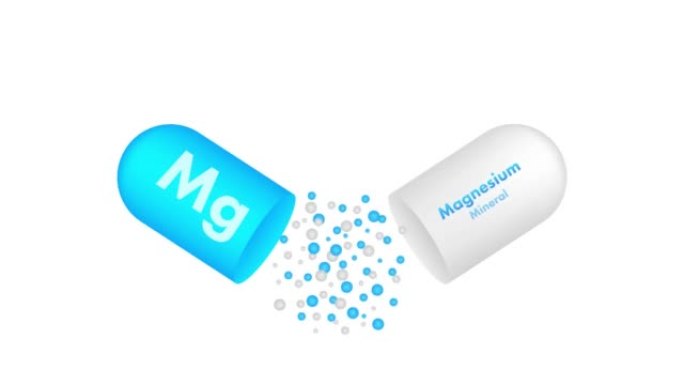 白色背景上的蓝色镁。镁矿物。Mg药丸胶囊。运动图形。4k