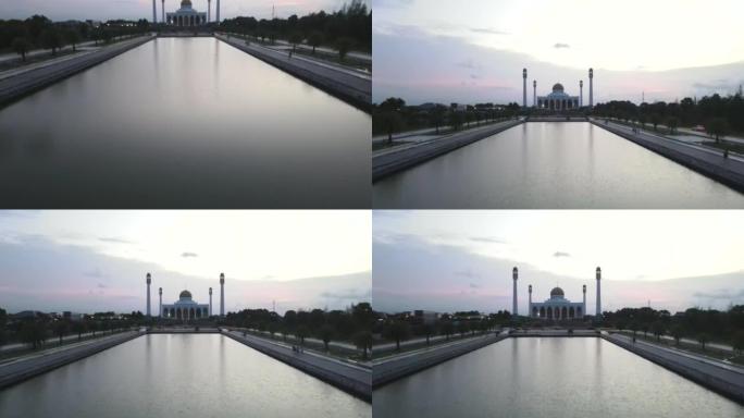 中央清真寺，日落时分有戏剧性的天空，航拍视频