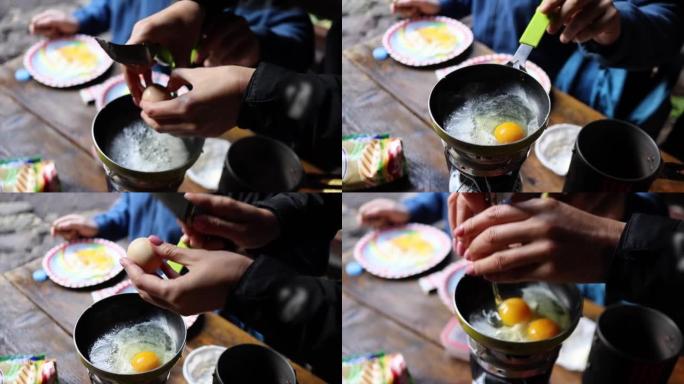 在田间条件下在燃气燃烧器上烹饪炒鸡蛋