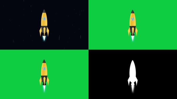绿色屏幕，哑光，风格化卡通火箭在太空飞行