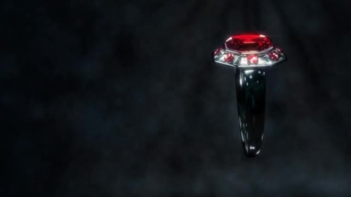 闪亮的深色金属环，红色红宝石旋转，虚构循环视频