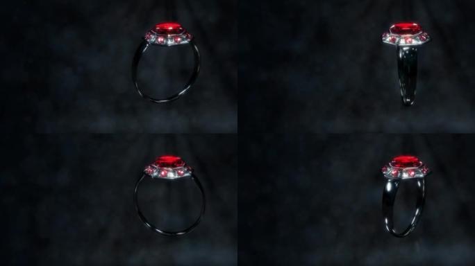 闪亮的深色金属环，红色红宝石旋转，虚构循环视频