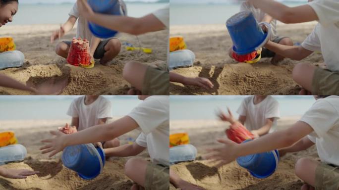 Kid playing on the beach, Playful boy playing and 