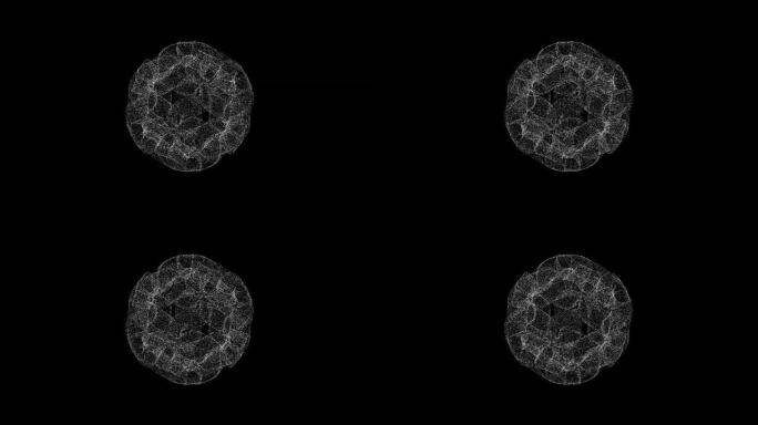 3D抽象外星球体在黑色背景上旋转。由白色闪烁粒子组成的物体60 FPS。科学概念。标题、演示文稿的抽