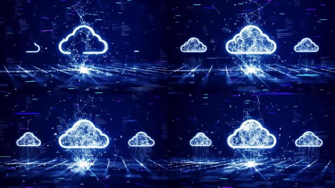 云和边缘计算技术概念与网络安全数据保护系统。将二进制代码上传到云图标。深蓝色背景上的互锁多边形和小图