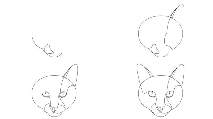 单连续线动画自画可爱的小猫猫头图标。一行动画插图。