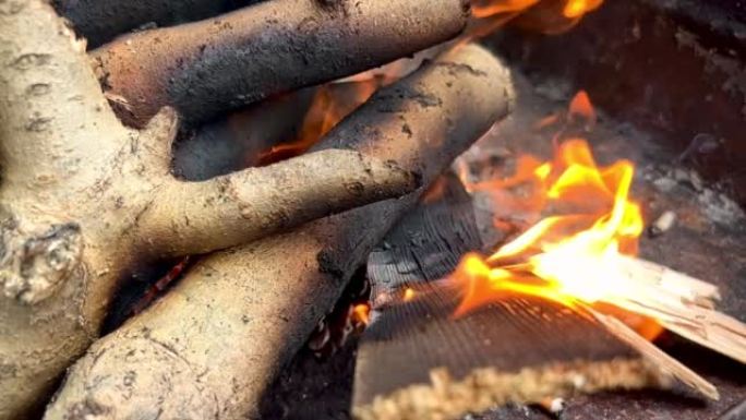 夏季烧柴准备烧烤细节的4k视频