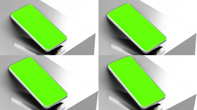 金属手机模型动画。绿色屏幕，明亮的光线和对比阴影背景。
