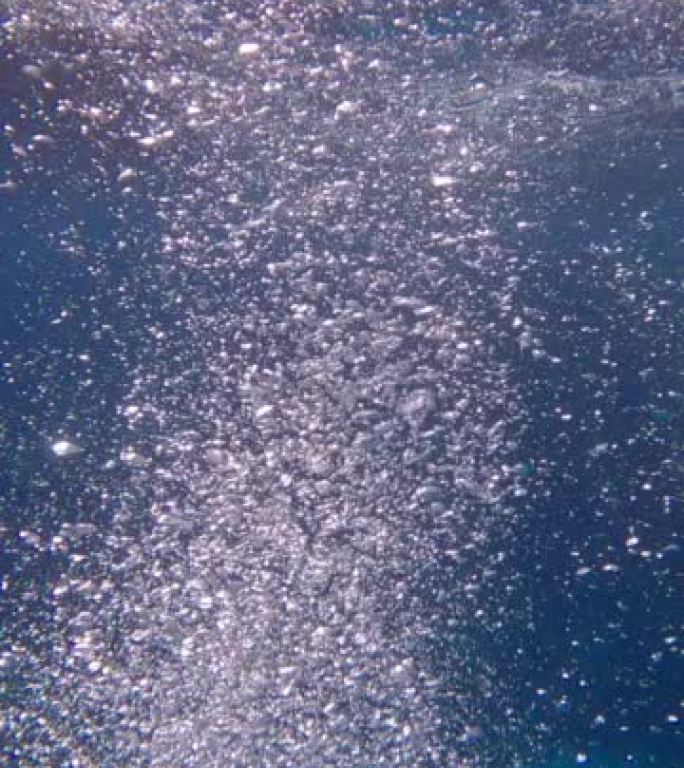 垂直视频: 气泡从海底漂浮到水面的慢动作。表面上蓝色的水中有气泡。自然背景，水下拍摄