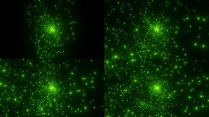 绿色粒子从中心的出现和扩散。基本粒子爆炸。大爆炸或宇宙现象背景。从中心飞来的闪闪发光和脉动的白色粒子