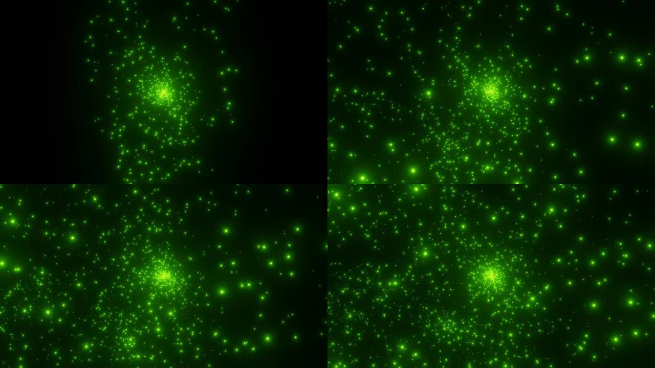 绿色粒子从中心的出现和扩散。基本粒子爆炸。大爆炸或宇宙现象背景。从中心飞来的闪闪发光和脉动的白色粒子