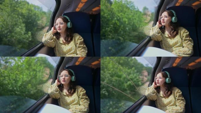女人在火车上旅行，戴着耳机听音乐