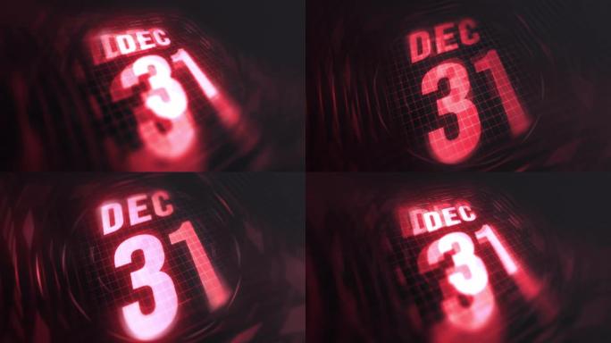 3d运动图形中的12月31日。未来的红外日历和科技发光霓虹灯拍摄，发光二极管纪念等。4k in循环