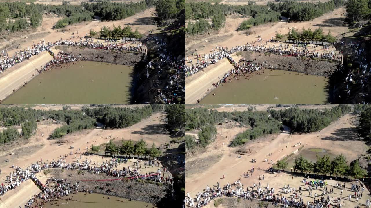 在水ressrvoir举行的埃塞俄比亚Timkat洗礼仪式上的航拍镜头