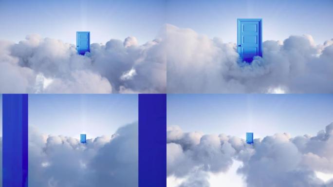循环3d动画，飞行通过打开天空中的蓝色门。通往永恒之路，宗教来世概念。无尽的梦想之旅