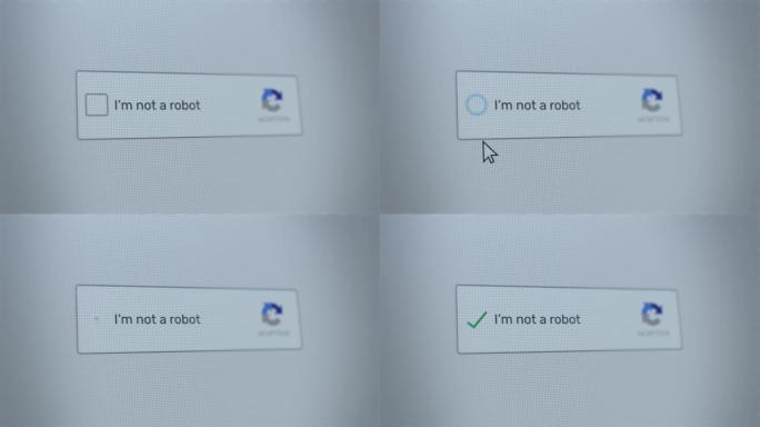 鼠标单击我不是计算机屏幕上的机器人按钮，以确认用户是人类。带有光标的数字界面或网站标记了要回答的复选