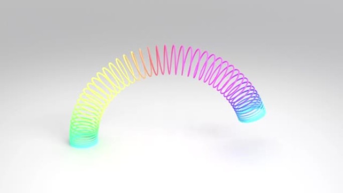 令人满意的玩具，彩虹色螺旋弹簧在白色背景上伸展。3d渲染