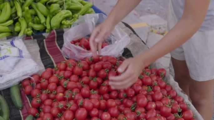 街头实际市场上的一名妇女选择新鲜的有机西红柿