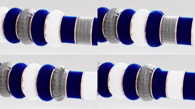 用织物纹理充气的一堆管子的3D令人满意的循环动画