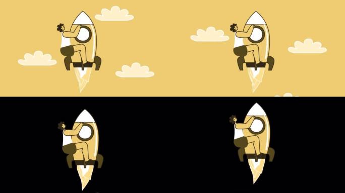 黄色风格的女人扁平角色在火箭上飞出智能手机。带有Alpha通道的孤立循环动画