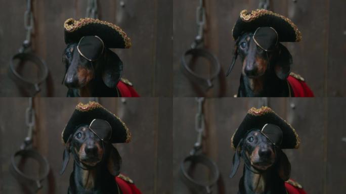 穿着tricorn帽子和眼罩的有趣的腊肠狗的肖像，穿着维多利亚时代的金色饰边的红色外套，正在等待和舔