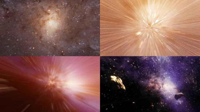 星系超空间跳跃从M33或梅西耶33或三角座星系到银河系。4K 3D渲染穿越星域，在太空中飞行极快的光