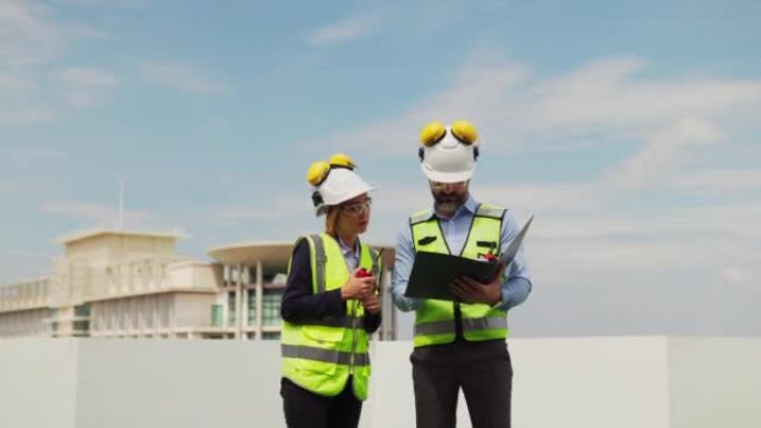 两名维护工程师男女检查在建筑物露台上的工作，维护建筑物中的空调系统