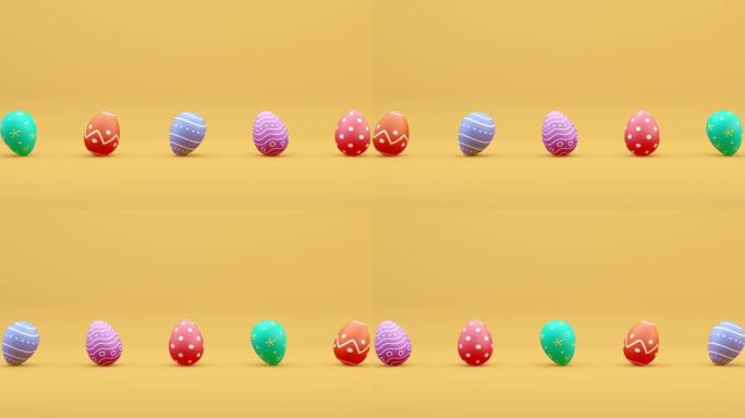 多色复活节的无缝循环动画。复活节快乐。一排鸡蛋朝一个方向滚动。传统春季庆典的概念。新生活的象征。