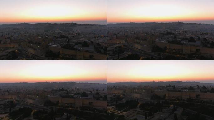 日落时耶路撒冷老城城墙，空中飞行