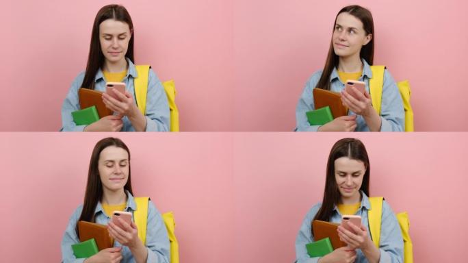 思想女孩的肖像青少年学生拿着书使用手机，穿衬衫和黄色背包，孤立在工作室的粉红色背景墙上。大学学院理念