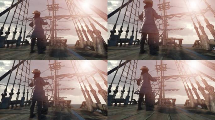 海盗船长握着船的方向盘，在航行的海盗船render 3d上驶过大海