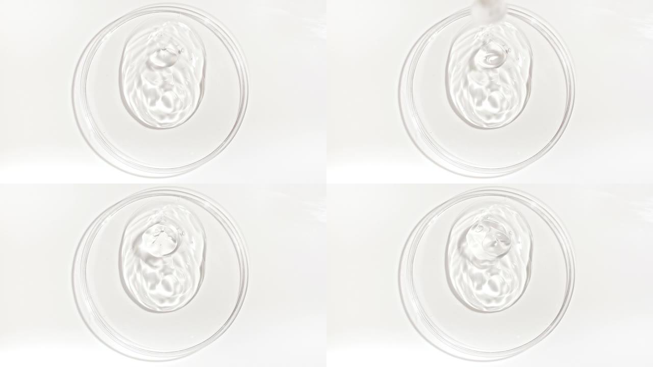在Petri玻璃碗中带有气泡的透明化妆品凝胶流体的旋转。宏丸血清、乳膏、透明质酸。有机化妆品，药品。