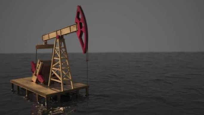 金色的油泵在石油的海洋中泵油。现实的三维模型。极简主义。石油公司超额利润的概念。