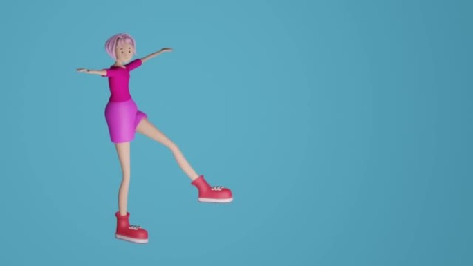 淡紫色头发的跳舞女孩。3d动画，3d渲染。
