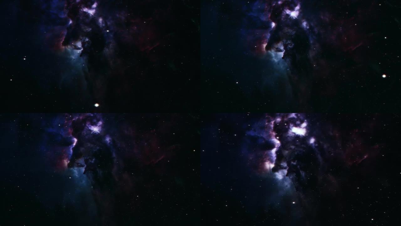 泻湖星云的星系太空飞行探索。4k循环动画，飞越发光的星云，云和星星场。