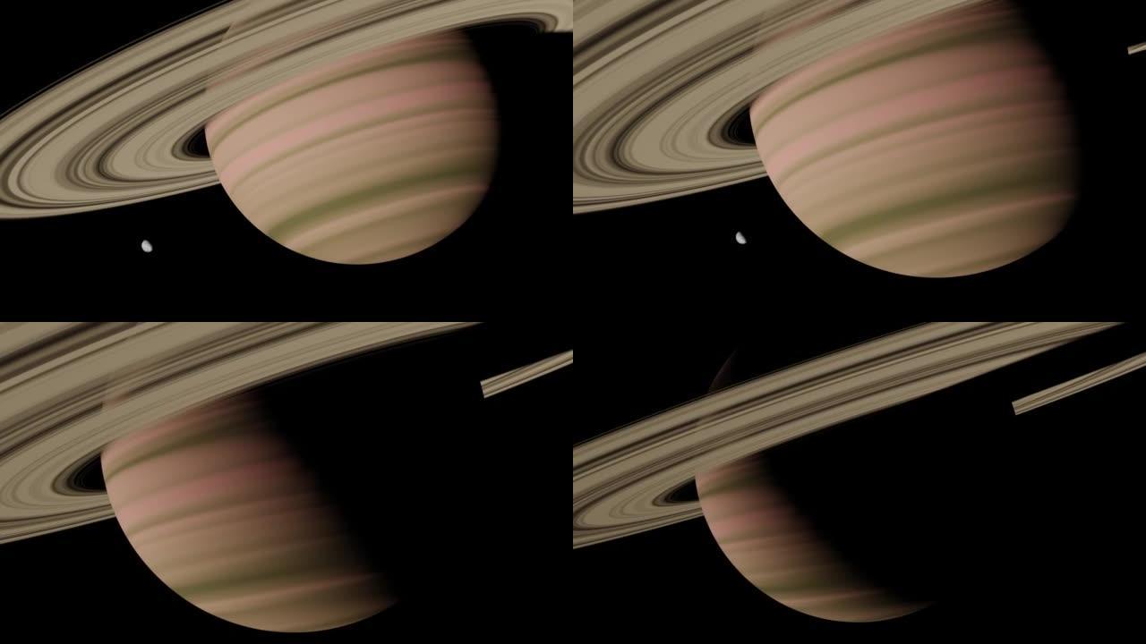 3D渲染，气体巨行星在深空。土星行星和环特写