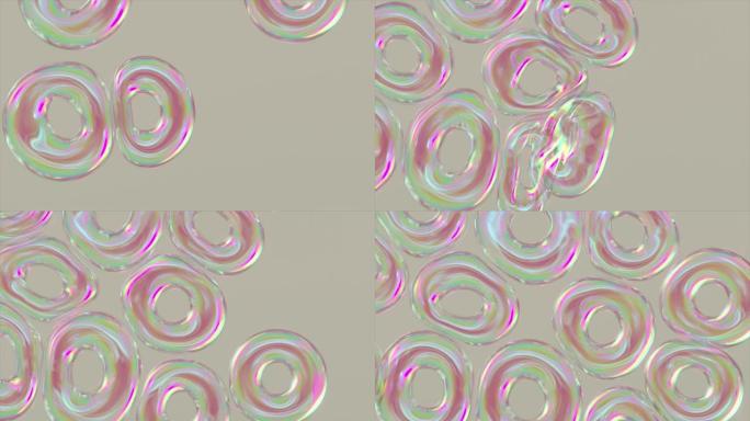 透明充气环飞，排斥并聚集在一起。泡泡彩虹。轻松。珍珠。3d动画
