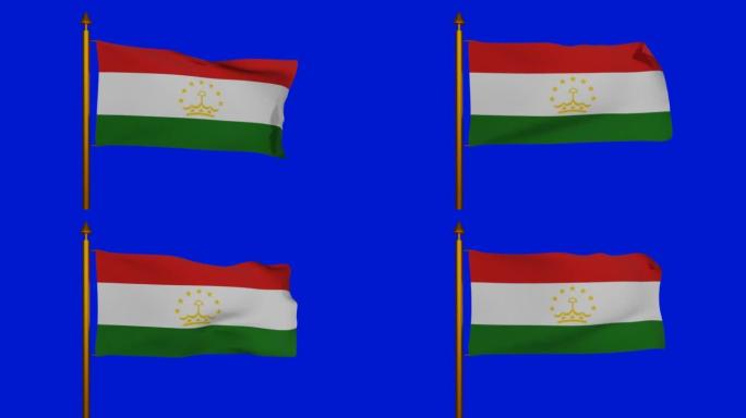 塔吉克斯坦国旗3D渲染，彩色键上的旗杆，塔吉克斯坦共和国国旗纺织品或Parcami Tojikist