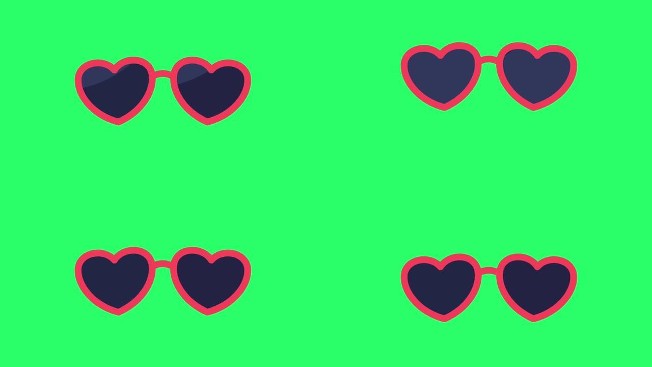 动画红色黑色眼镜隔离在绿色背景上。