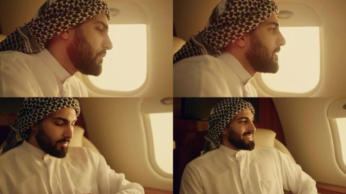 成功的商人旅行飞机特写。快乐的阿拉伯男人休息