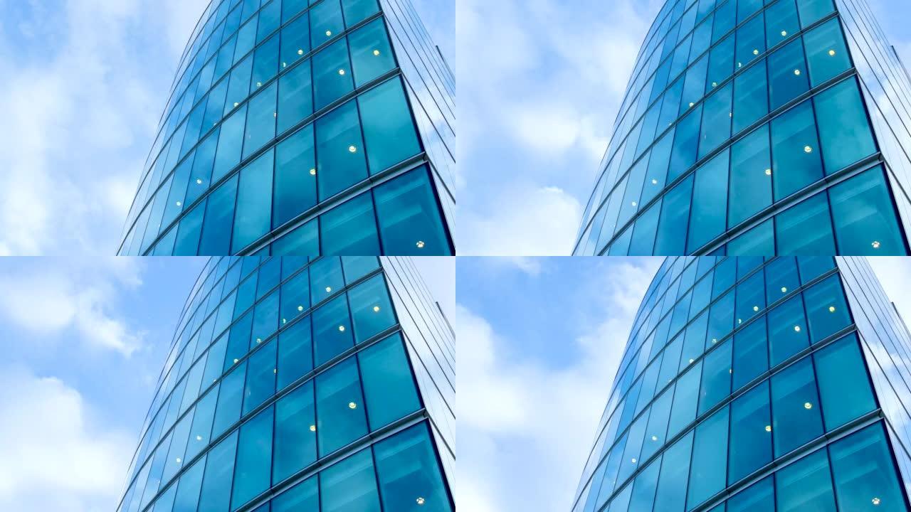 英国伦敦金丝雀码头摩天大楼办公商务建筑区，延时平移，放大和俯视图