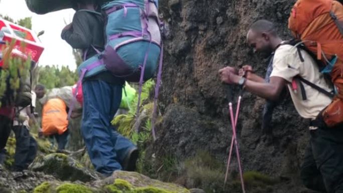 在攀登乞力马扎罗山的过程中，有一群带着向导的徒步旅行者，一群带着重型设备的搬运工