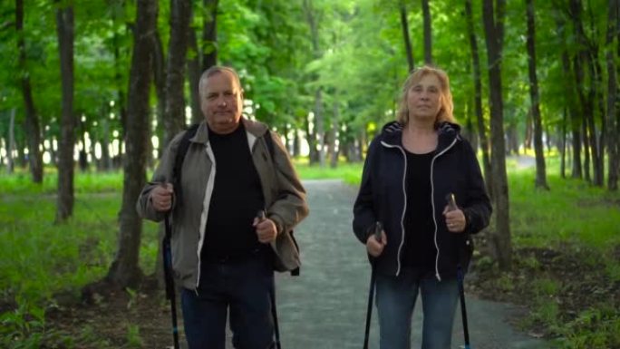 一对老年夫妇在森林中从事北欧行走。一个男人和一个女人用棍子走路来改善健康。慢动作。