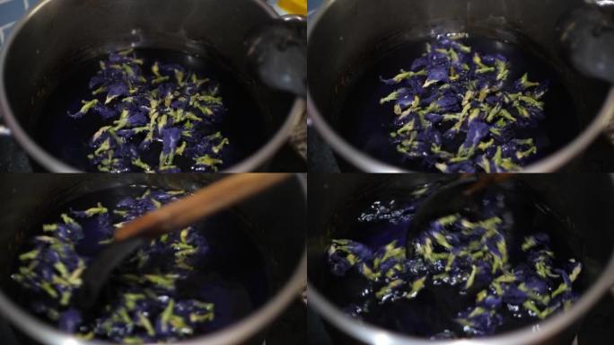 准备蝴蝶豌豆在厨房里喝